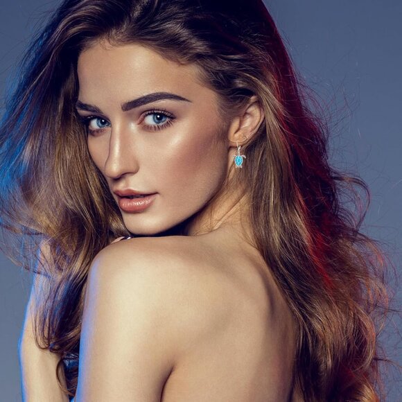 Sterling Silver Turtle Earrings Blue Opal Dangle Ocean Jewelry for Women - Picture 2 of 9